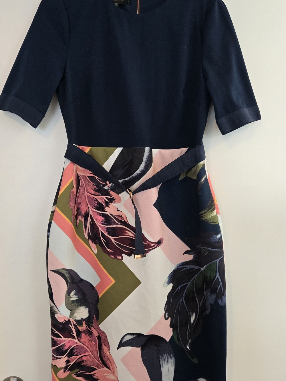 Ted Baker Navy Top Floral-Print Midi Dress with Pink Accents
